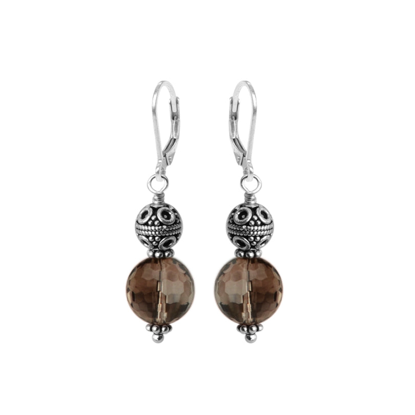 Bali Style Silver-Work with Beautifully Faceted Smoky Quartz Sterling Silver Earrings