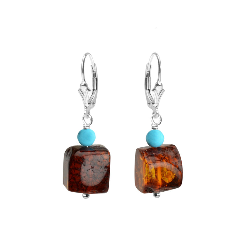 Dark Cognac Baltic Amber With Sleeping Beauty Turquoise Sterling Silver Earrings