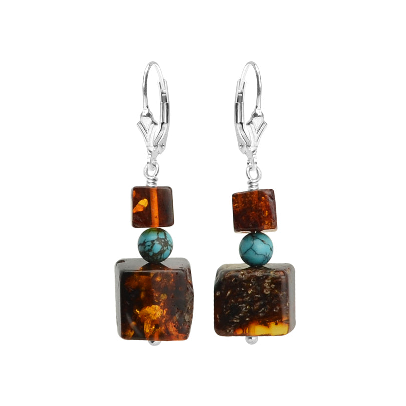Lush, Dark Cognac Baltic Amber and Turquoise Sterling Silver Earrings