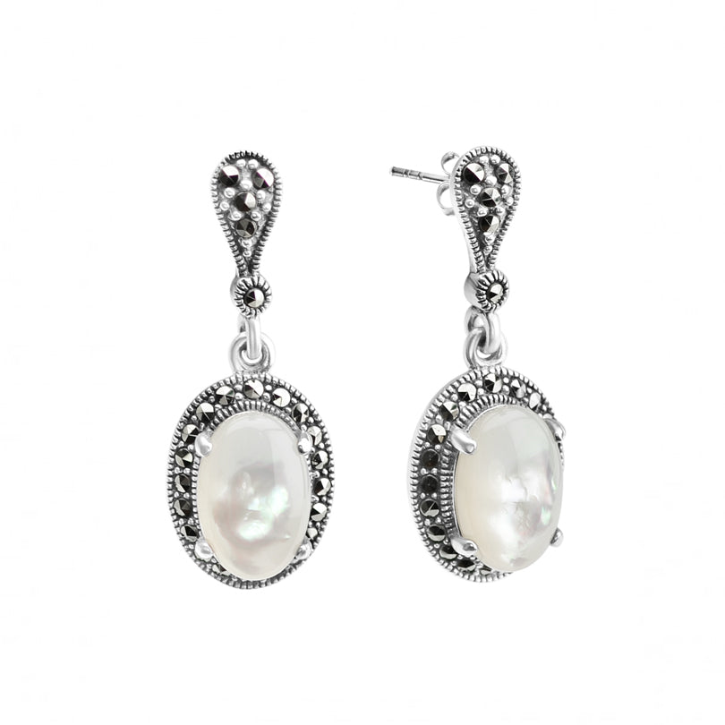 Gorgeous Mother of Pearl and Marcasite Sterling Silver Earrings