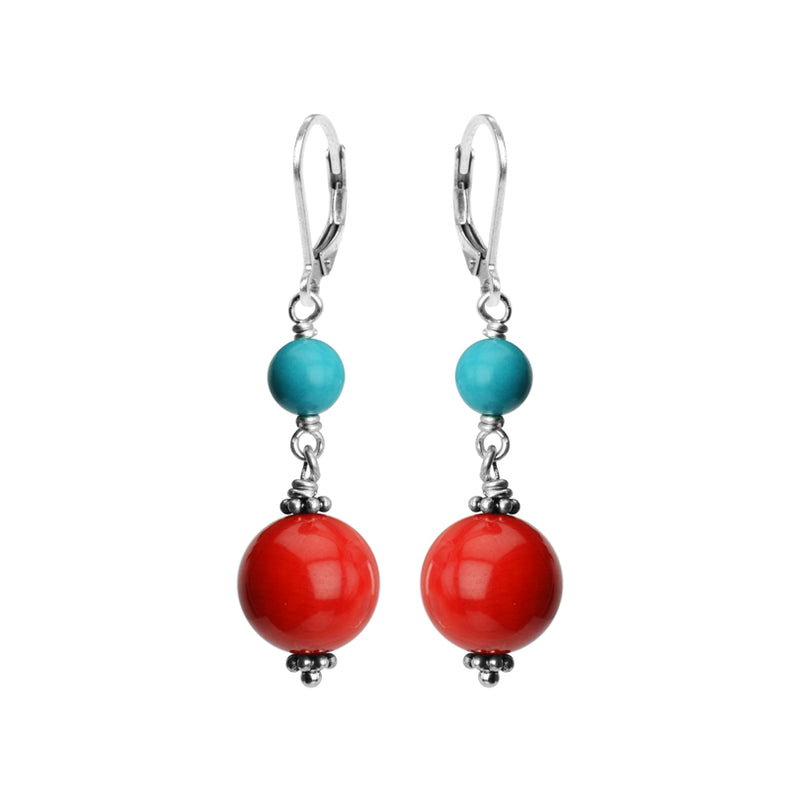 Elegant Coral and Magnesite Turquoise Sterling Silver Earrings