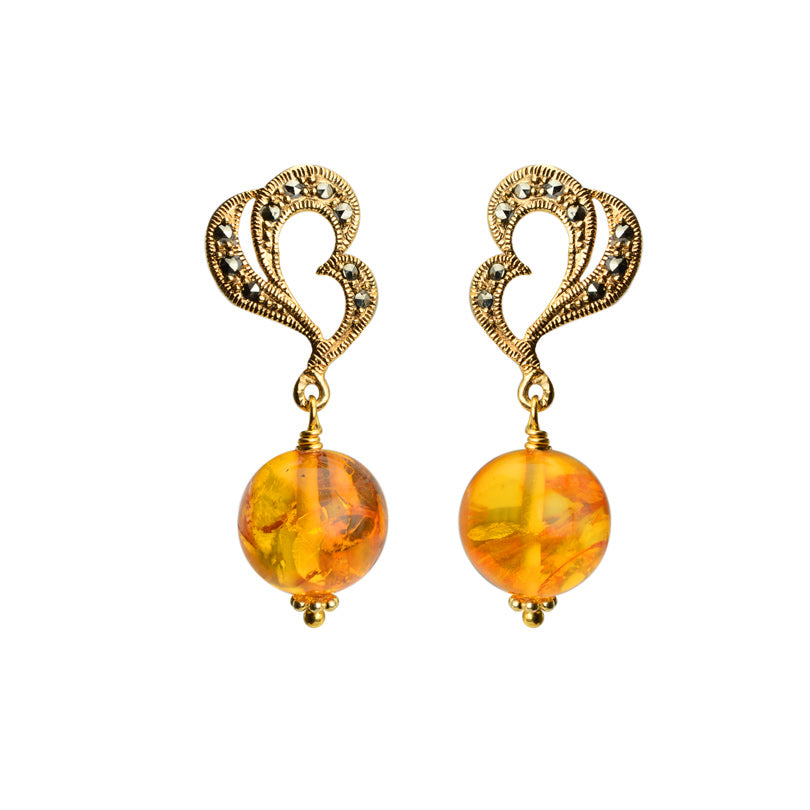 Glamorous Cognac Baltic Amber and Shimmering Marcasite Gold Plated Earrings