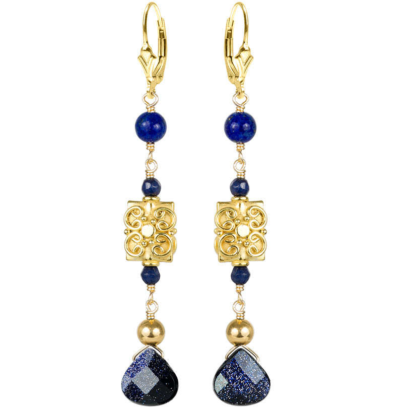 Gorgeous Blue Gold-stone and Lapis Gold Filled Lever Back Statement Earrings