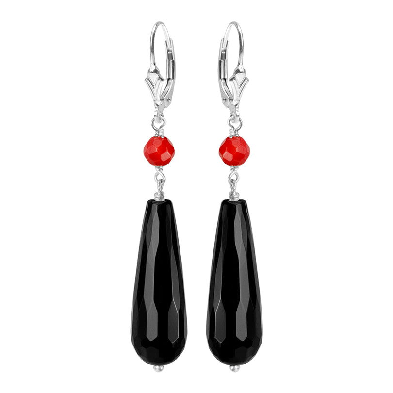 Elegant Black Onyx and Bamboo Coral Sterling Silver Statement Earrings