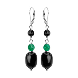Shiny Black Onyx with Emerald Green Agate Sterling Silver Earrings
