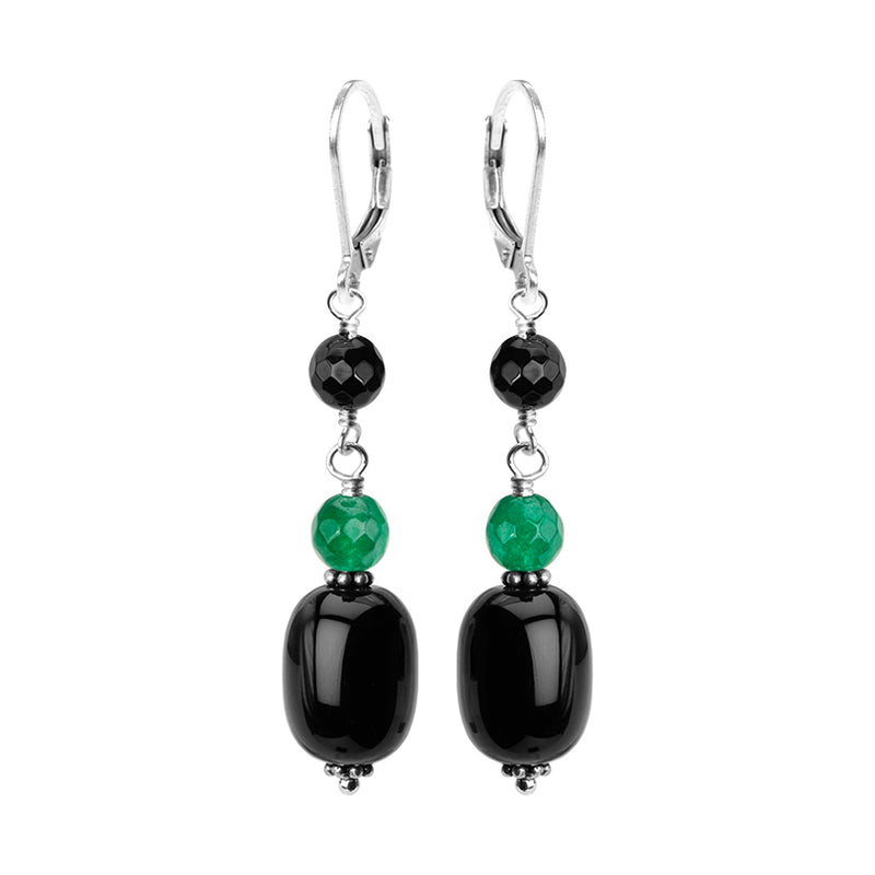 Shiny Black Onyx with Emerald Green Agate Sterling Silver Earrings
