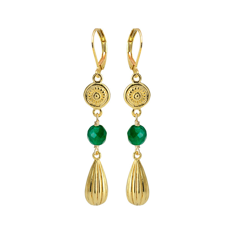 Gorgeous Emerald-Green Color Faceted Agate with Gold Plated Accents Earrings