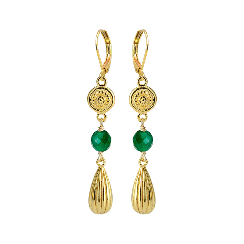 Gorgeous Emerald-Green Color Faceted Agate with Gold Plated Accents Earrings