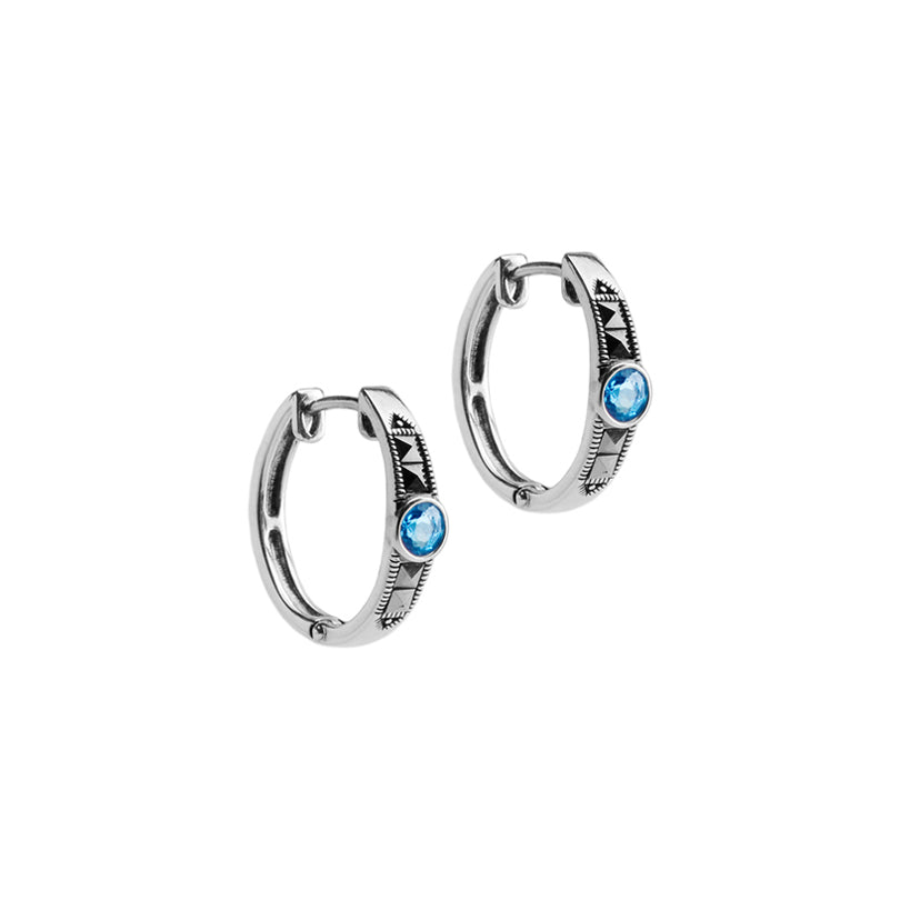 Unique Blue Topaz and Marcasite Sterling Silver Hoop Earrings
