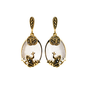 Adorable Frog Mother of Pearl With Gold plated Marcasite Earrings