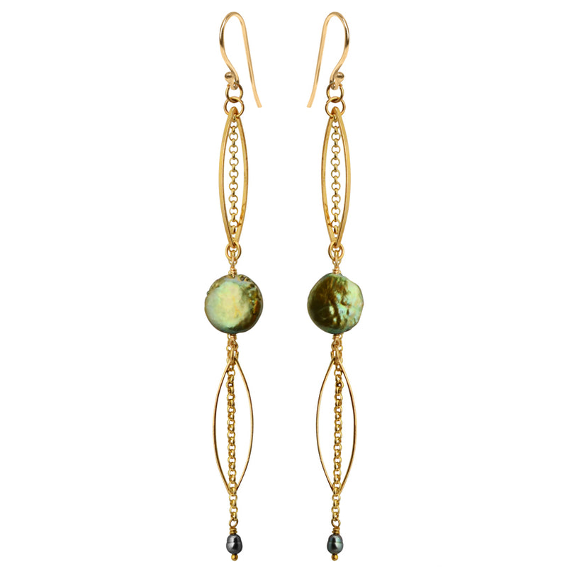 Glamorous Green Coin Pearl Gold Filled Earrings