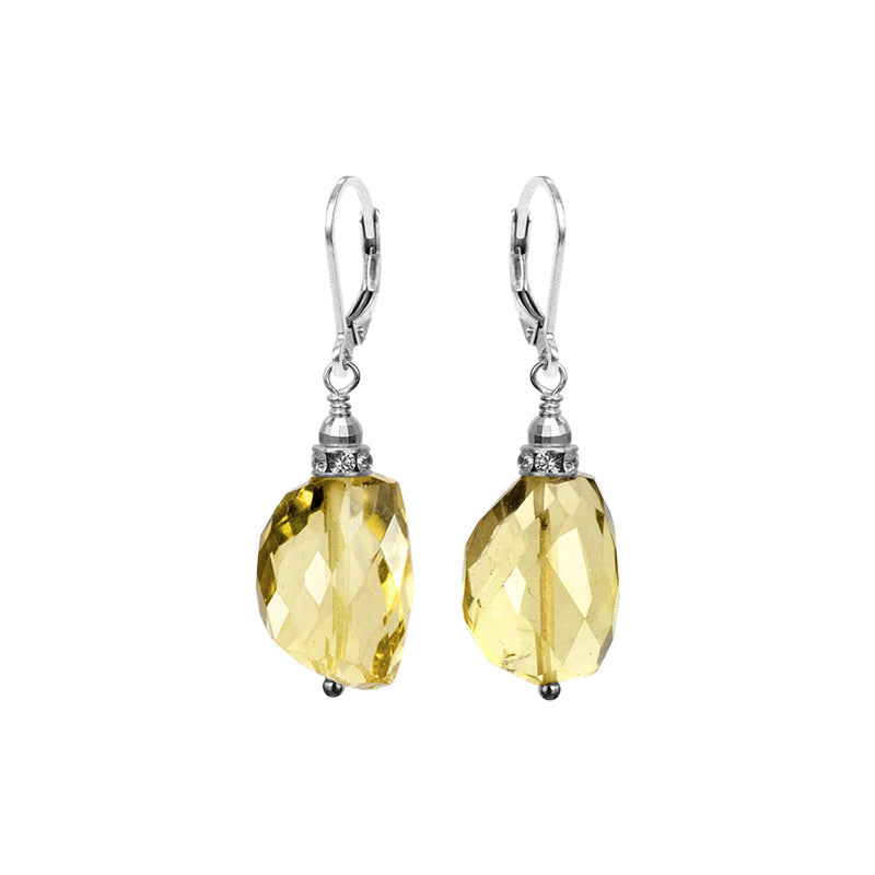 Gorgeous Sparkling Faceted Lemon Quartz With Crystal Accent Sterling Silver Statement Earrings