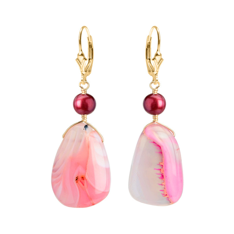 Rose Agate and Fresh Water Pearl Gold Filled Earrings