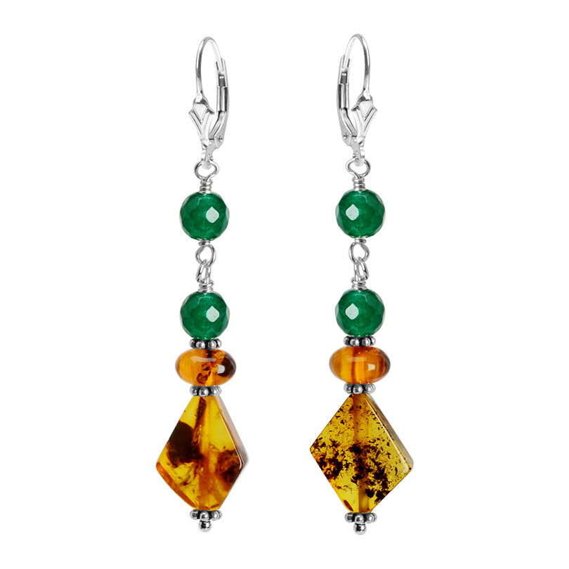 Luxurious Colors of Golden Baltic Amber with Emerald Green Agate Sterling Silver Earrings