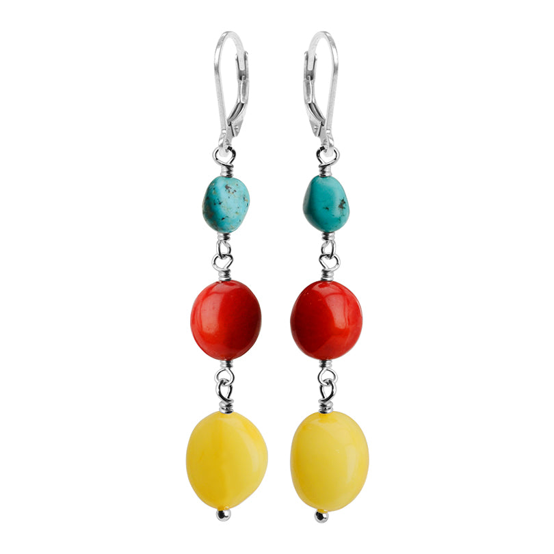 Bright Baltic Butterscotch Amber, Coral and Turquoise Sterling Silver Earrings