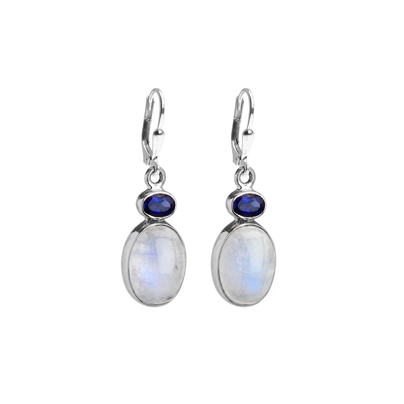 Brilliant Rainbow Moonstone and Blue Iolite Sterling Silver Statement Earrings