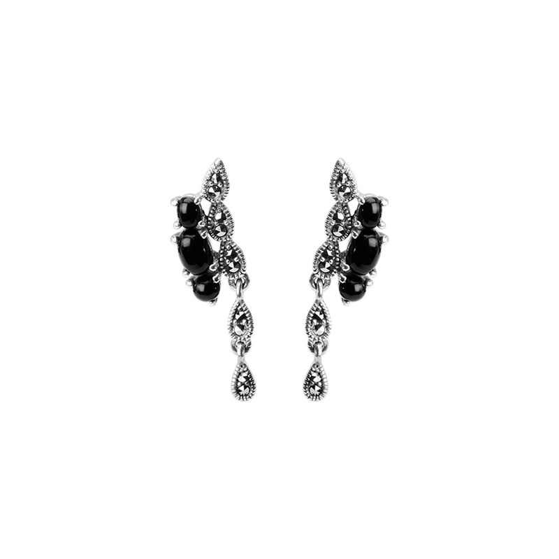 Dressy Black Marcasite Black Onyx Sterling Silver Earrings