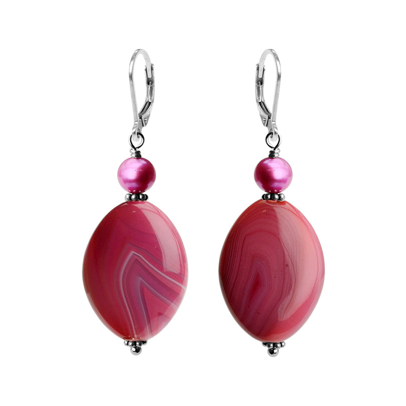 Beautiful Rose Agate and Fresh Water Pearl Sterling Silver Earrings