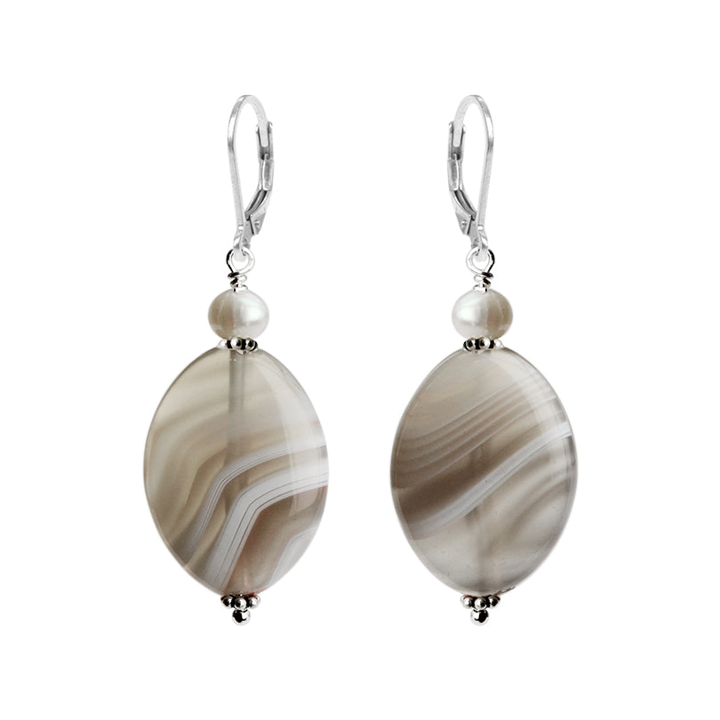 Neutral Tones of Striped Agate and Fresh Water Pearl Sterling Silver Earrings