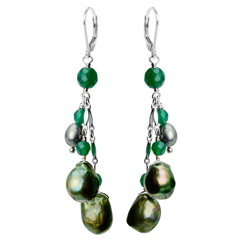 Luscious Shades of Green Fresh Water Pearls and Agate Sterling Silver Earrings