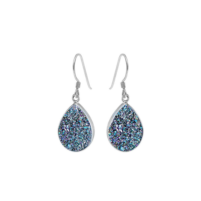 Sparkling Titanium Peacock Blue Drusy Sterling Silver Statement Earrings