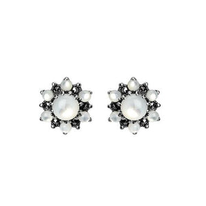 Beautiful Vintage Blossom Mother of Pearl Marcasite Sterling Silver Stud Earrings