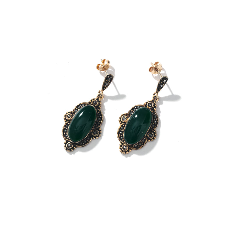 Lovely Vintage Style Green Agate Gold Plated Marcasite Earrings