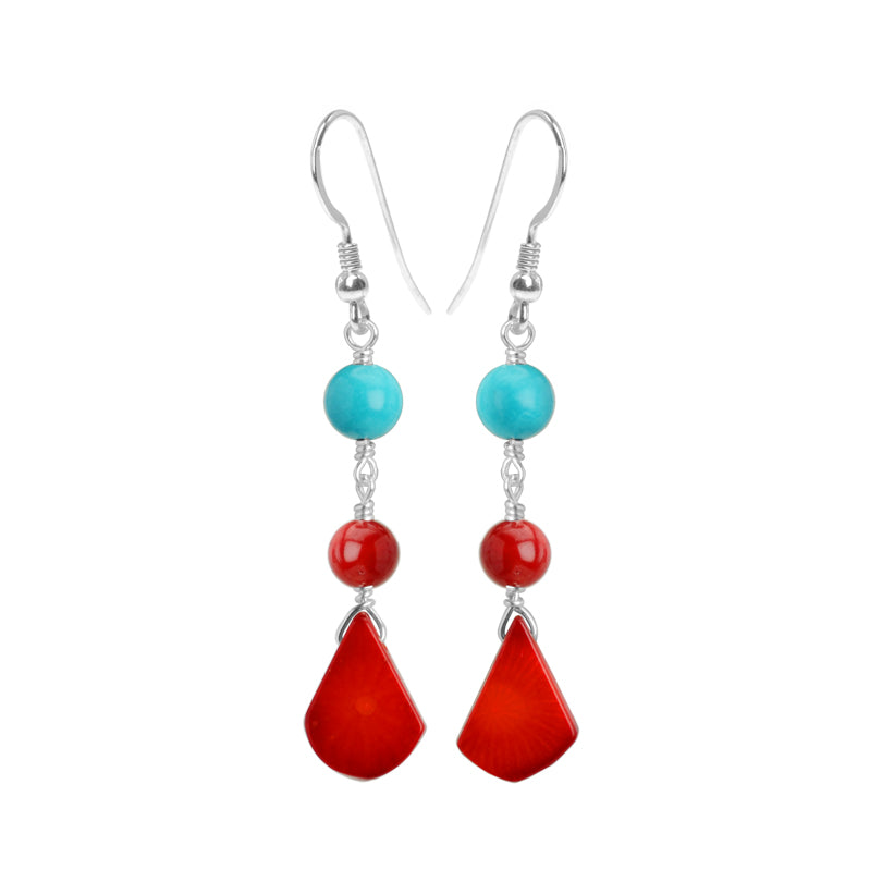 Petite Red Coral and Blue Chalk Turquoise Sterling Silver Earrings