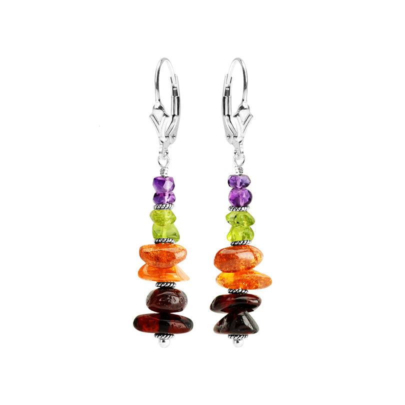 Mixed Colors of Baltic Amber, Amethyst and Peridot Sterling Silver Earrings