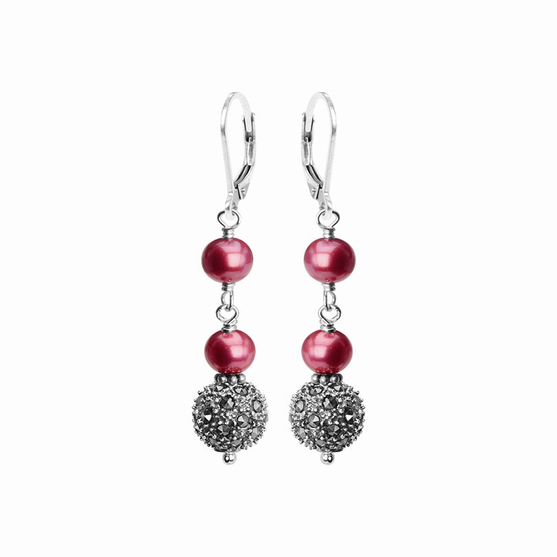 Vibrant Rosy Pink Fresh Water Pearl and Marcasite Sterling Silver Statement Earrings