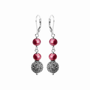 Vibrant Rosy Pink Fresh Water Pearl and Marcasite Sterling Silver Statement Earrings