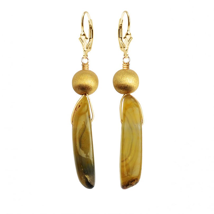 Beautiful Golden Agate Slice Stones in Gold Filled Leverback Statement Earrings