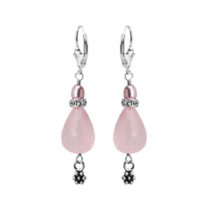 So Adorable Rose Quartz with Pearl Accent Sterling Silver Earrings
