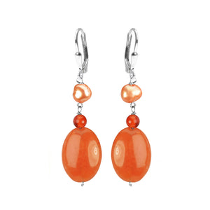 Rich Orange Agate, Carnelian and Fresh Water Pearl Sterling Silver Earrings