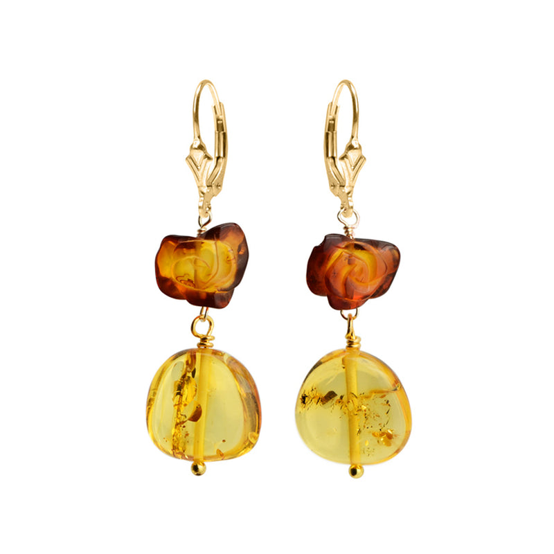 Romantic Baltic Amber Hand Carved Flower Gold Filled Earrings