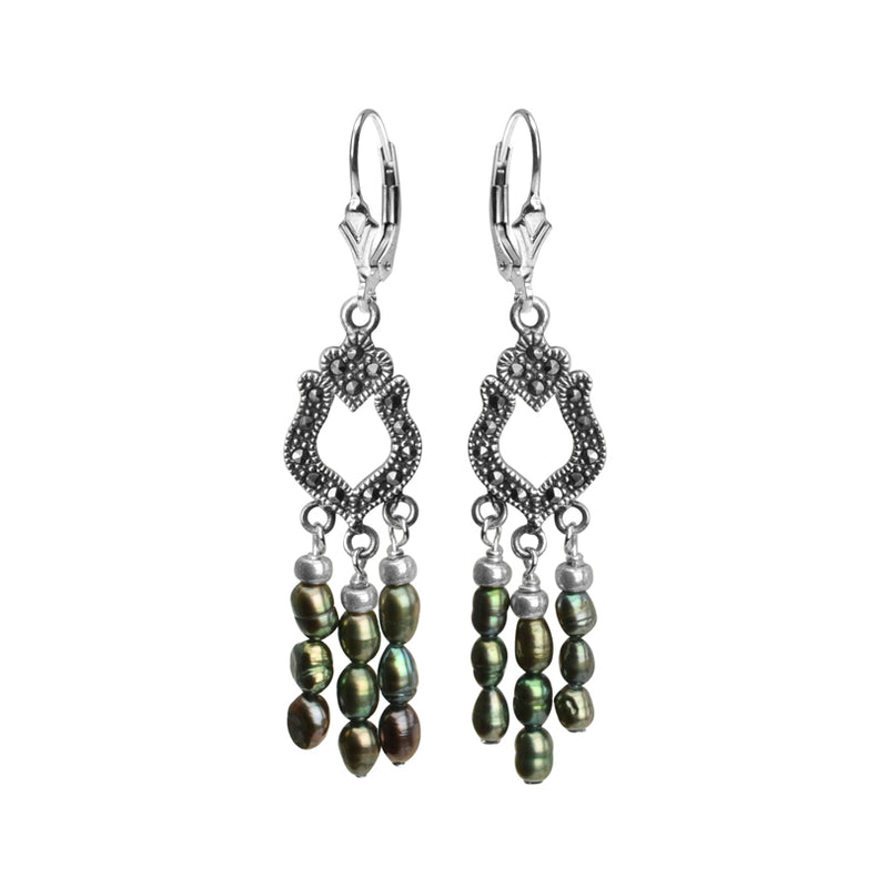 Elegant Chandelier Style Green Pearl & Marcasite Sterling Silver Earrings