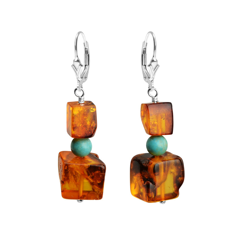 Unique Baltic Cognac Amber and Turquoise Sterling Silver Earrings