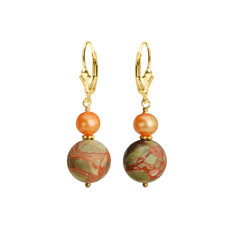 Brilliant Unakite and Fresh Water Pearl Gold Filled Earrings