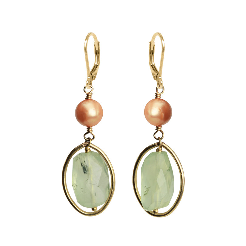 Prehnite and Fresh Water Pearl Gold Filled Earrings