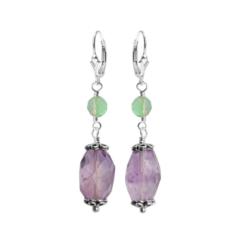 Faceted Lavender Amethyst and Fluorite Leaf Design Sterling Silver Earrings