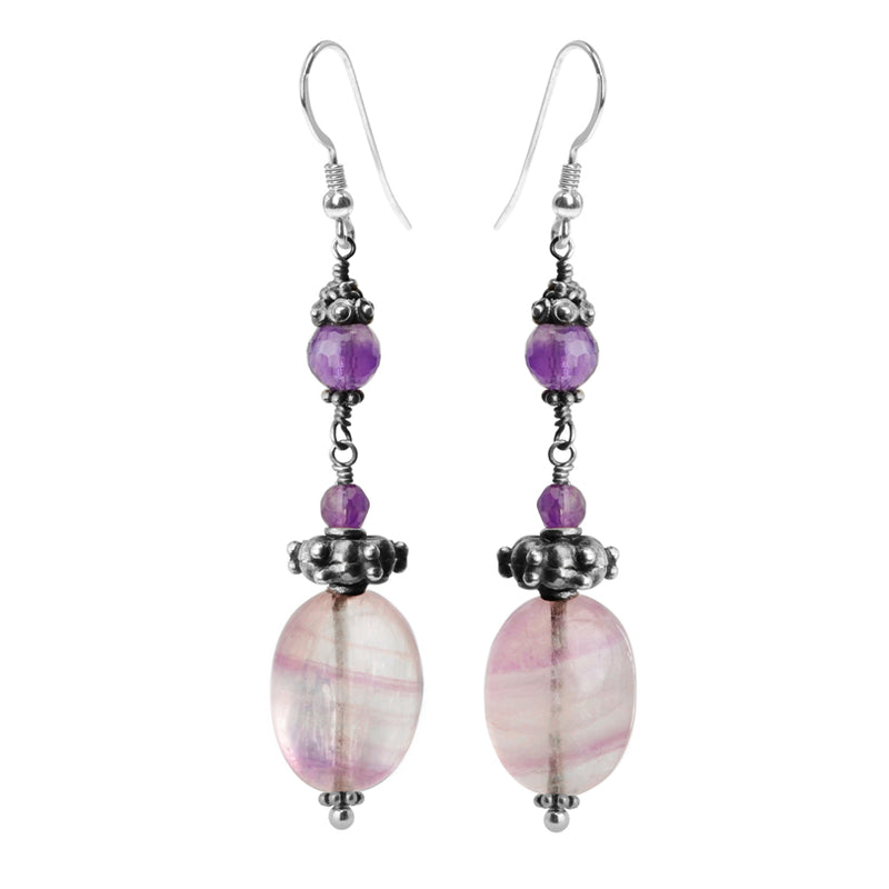 Stunning Natural Fluorite and Amethyst Sterling Silver Statement Earrings