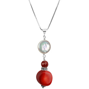 Gorgeous Red Coral and White Coin Pearl Sterling Silver Necklace