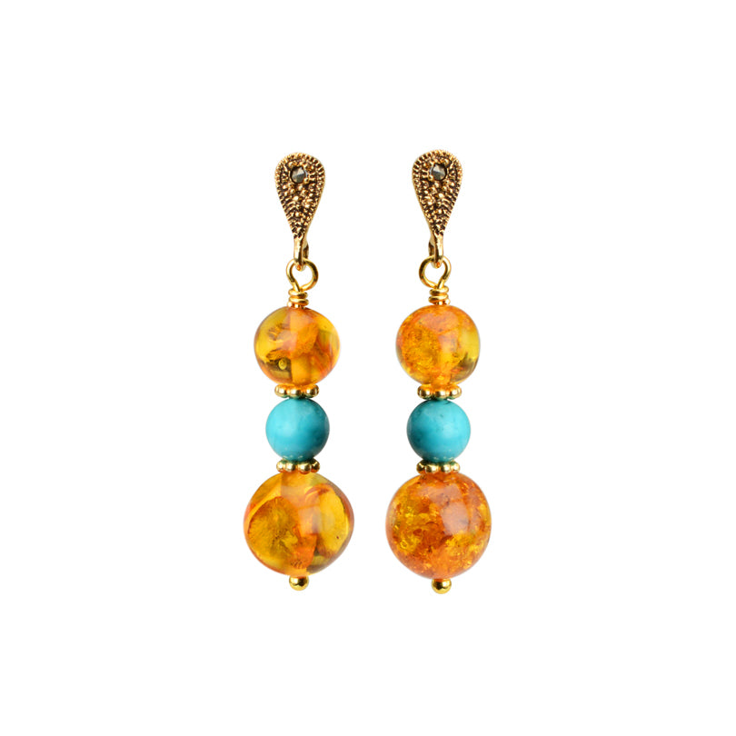 Elegant Cognac Baltic Amber, Turquoise and Sparkling Gold Plated Marcasite Earrings