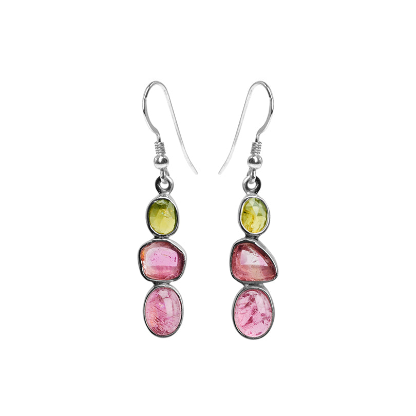 Gorgeous Shades of Natural Pink & Green Tourmaline Sterling Silver Earrings
