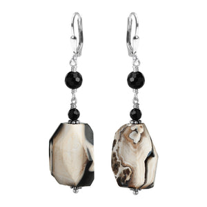 Gorgeous Natural Design Chunky Agate and Onyx Sterling Silver Earrings