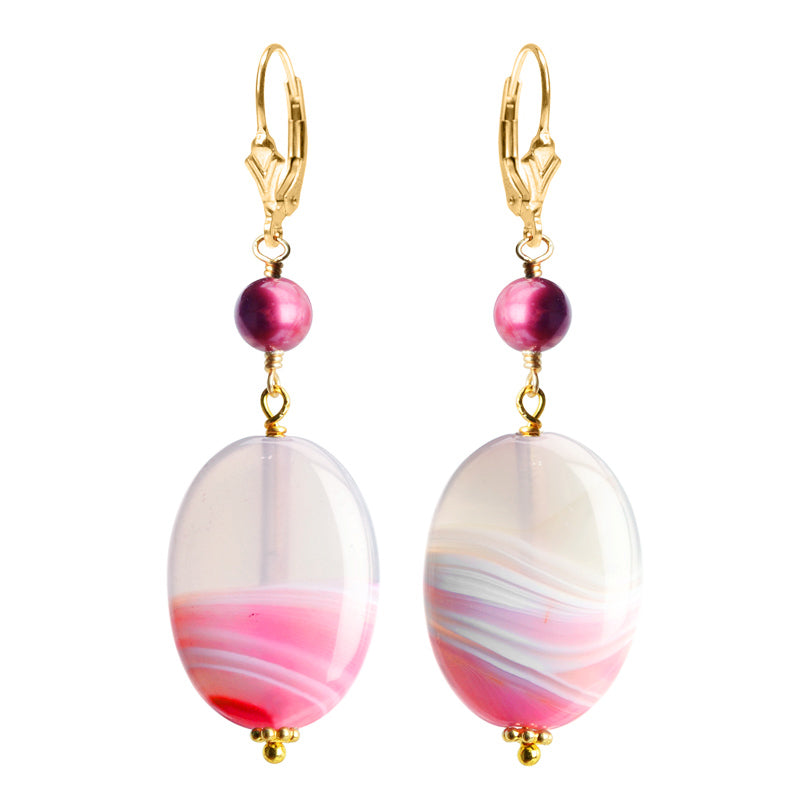 Beautiful Rose Agate and Fresh Water Pearl Gold Filled Earrings