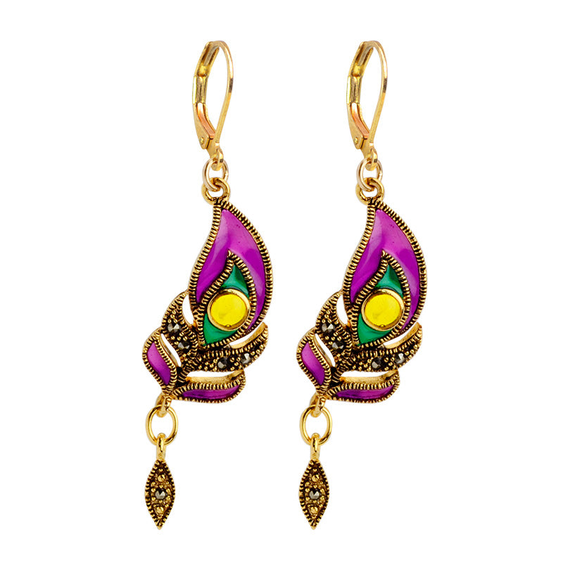 Brilliant Purple Enamel and Gold Plated Marcasite Peacock Earrings