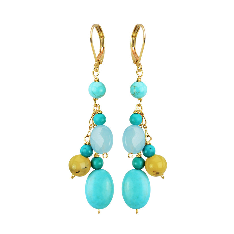 Flirty Turquoise, Chalcedony and Agate Gold Filled Hook Earrings