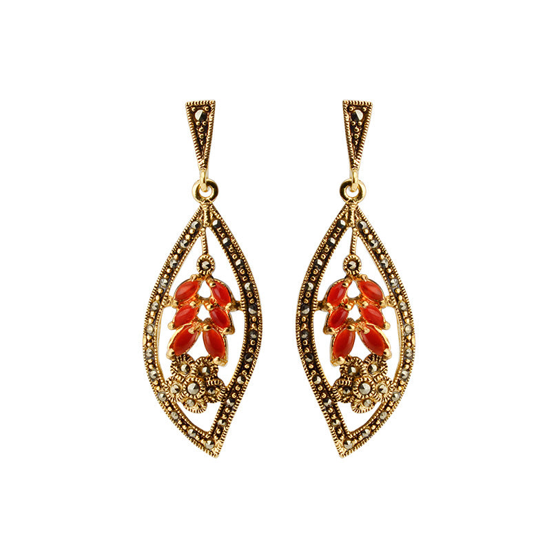 Carnelian and Gold Plated Marcasite Floral Fantasy Earrings