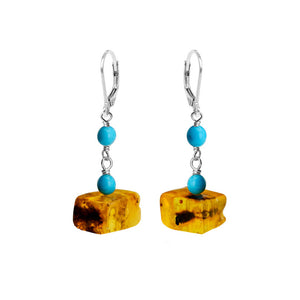 Cognac Baltic Amber with Sleeping Beauty Turquoise Sterling Silver Earrings